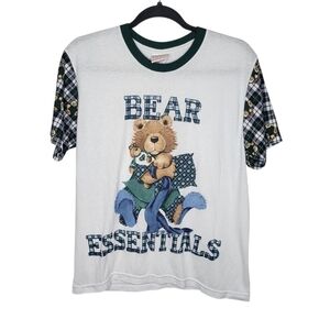 Vintage 80s 90s Bear Essentials Simply Basic Night T-Shirt Size M Plaid Sleeves